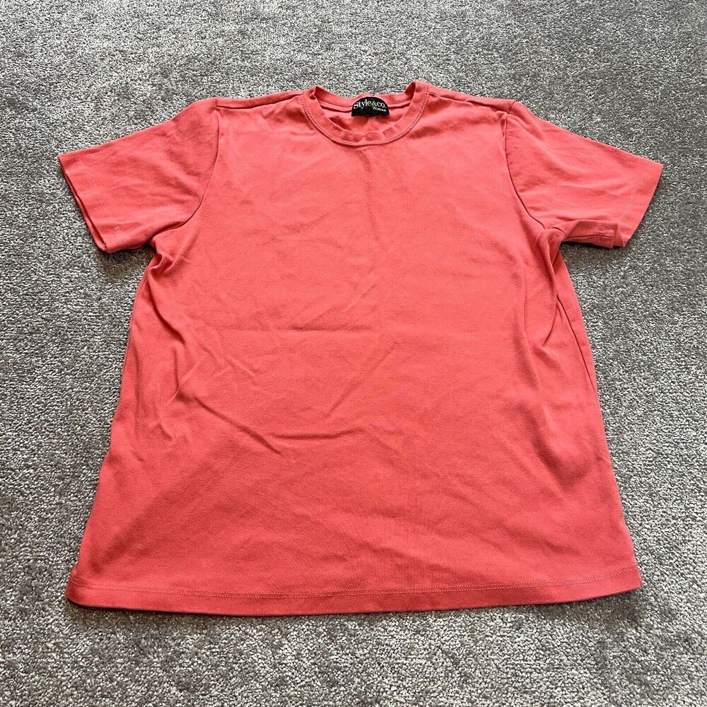 Style & Co Shirt Womens Large Pink Crew Cotton Basic Everyday Short Sleeve Top